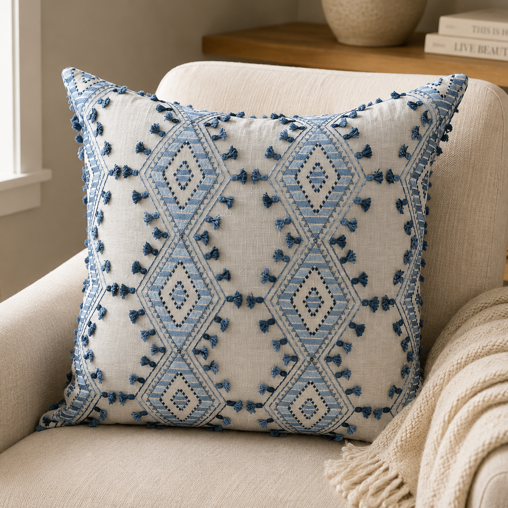Blue Tassel Trellis Pillow