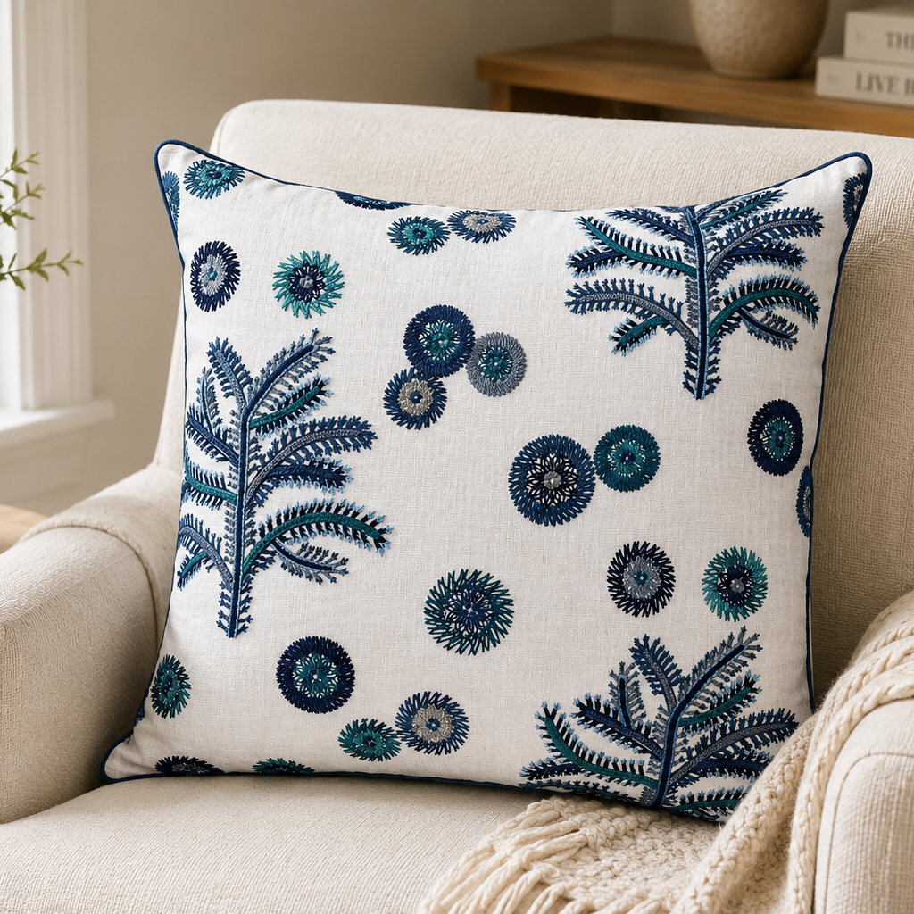 Coastal Fern Embroidered Pillow